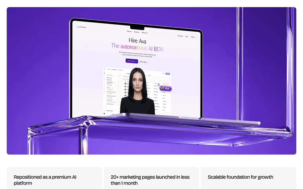 Phenomenon Studio's Artisan case study: the redesigned Artisan website for its AI BDR, with 20+ marketing pages launched in less than one month