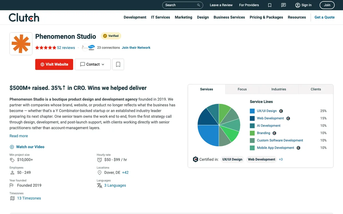 Phenomenon Studio's Clutch profile: 52 reviews, $10,000+ minimum project, $50 to $99 an hour, 50 to 249 employees, founded 2019, with UX/UI design at 25% of its service mix