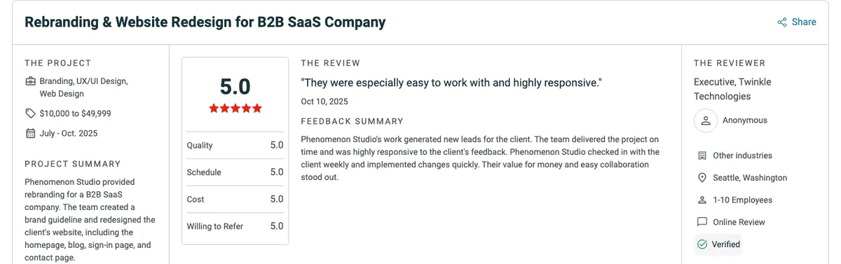 Clutch review from an executive at Twinkle Technologies: rebranding and website redesign for a B2B SaaS company, $10,000 to $49,999, rated 5.0: "They were especially easy to work with and highly responsive."