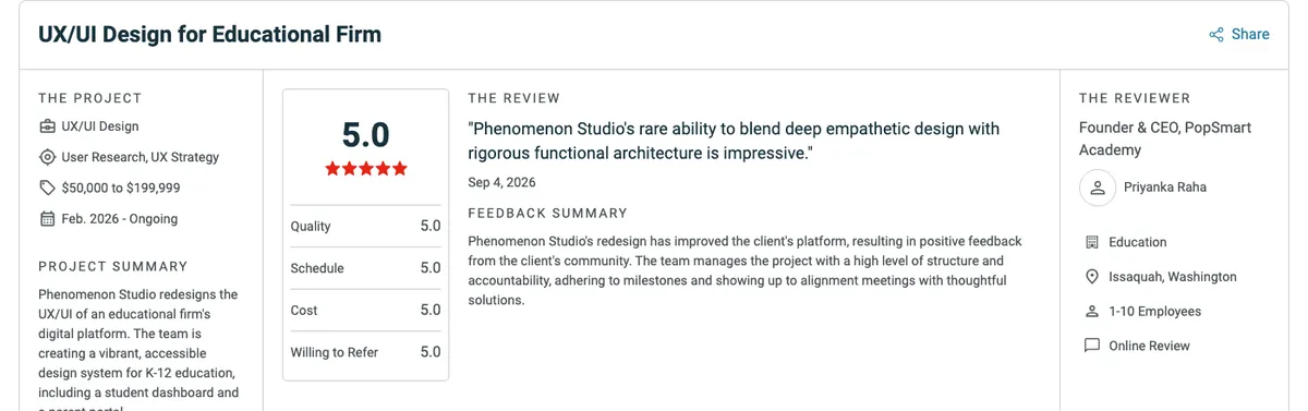 Clutch review from PopSmart Academy's founder and CEO: UX/UI design for an educational firm, $50,000 to $199,999, rated 5.0