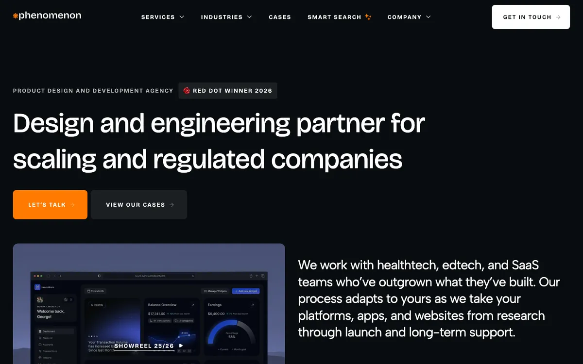 Phenomenon Studio website hero: "Design and engineering partner for scaling and regulated companies", with a Red Dot Winner 2026 badge