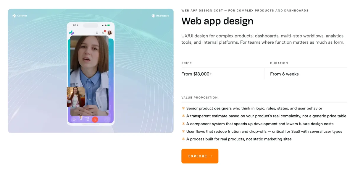 Phenomenon Studio pricing card for web app design: from $13,000+, from 6 weeks