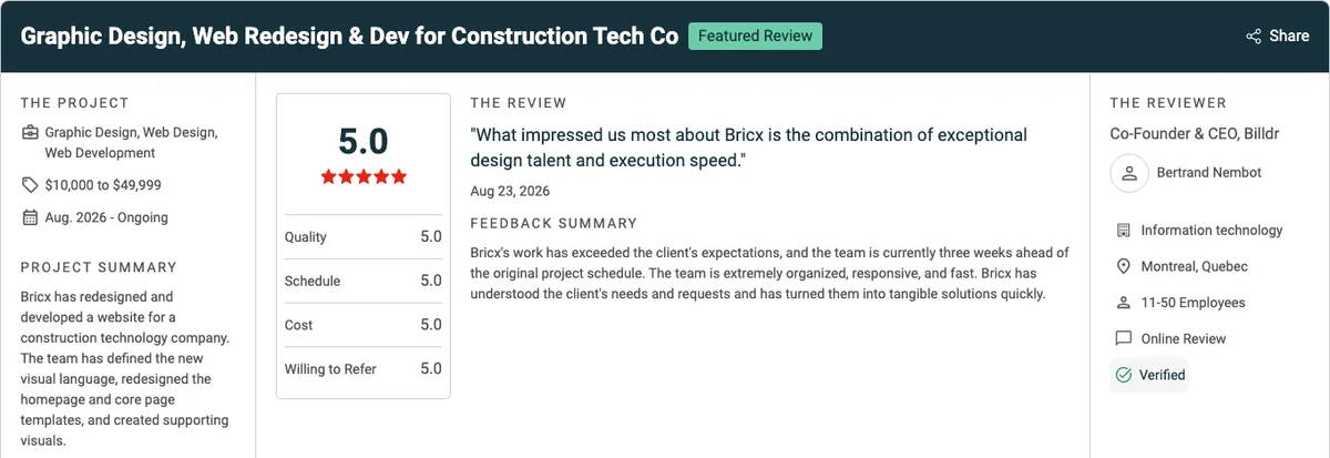 Clutch review of Bricx from Billdr's Co-Founder and CEO, rated 5.0 for graphic design, web redesign and development