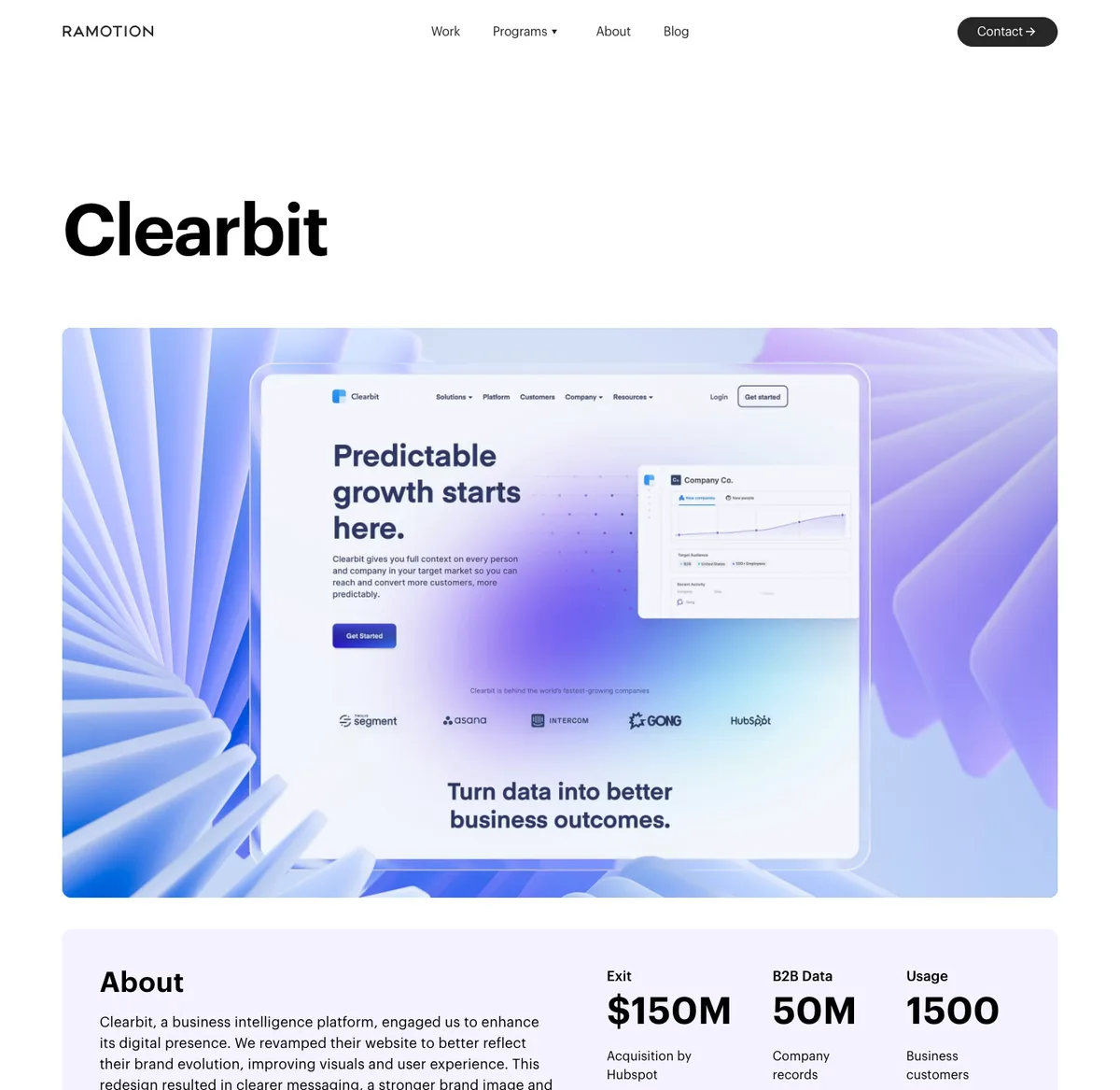 Ramotion's Clearbit case study page showing the redesigned Clearbit homepage with the headline 'Predictable growth starts here'