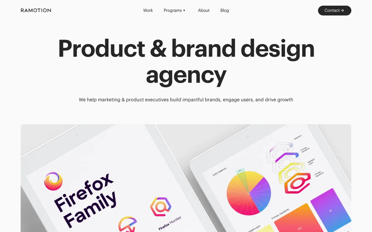 Ramotion website hero reading 'Product & brand design agency' above a Firefox Family brand identity case study