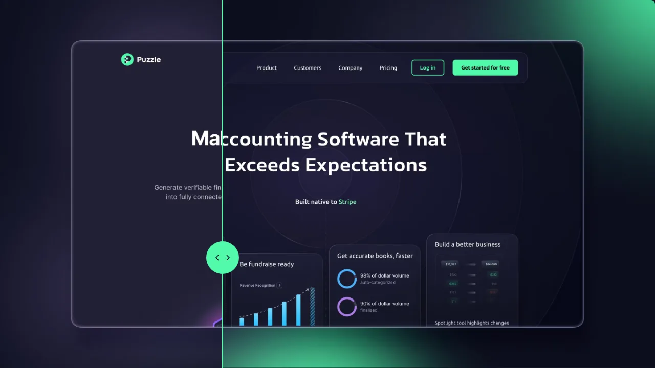 Before and after slider of the Puzzle accounting software homepage redesigned by Ramotion, with a dark theme and green accents