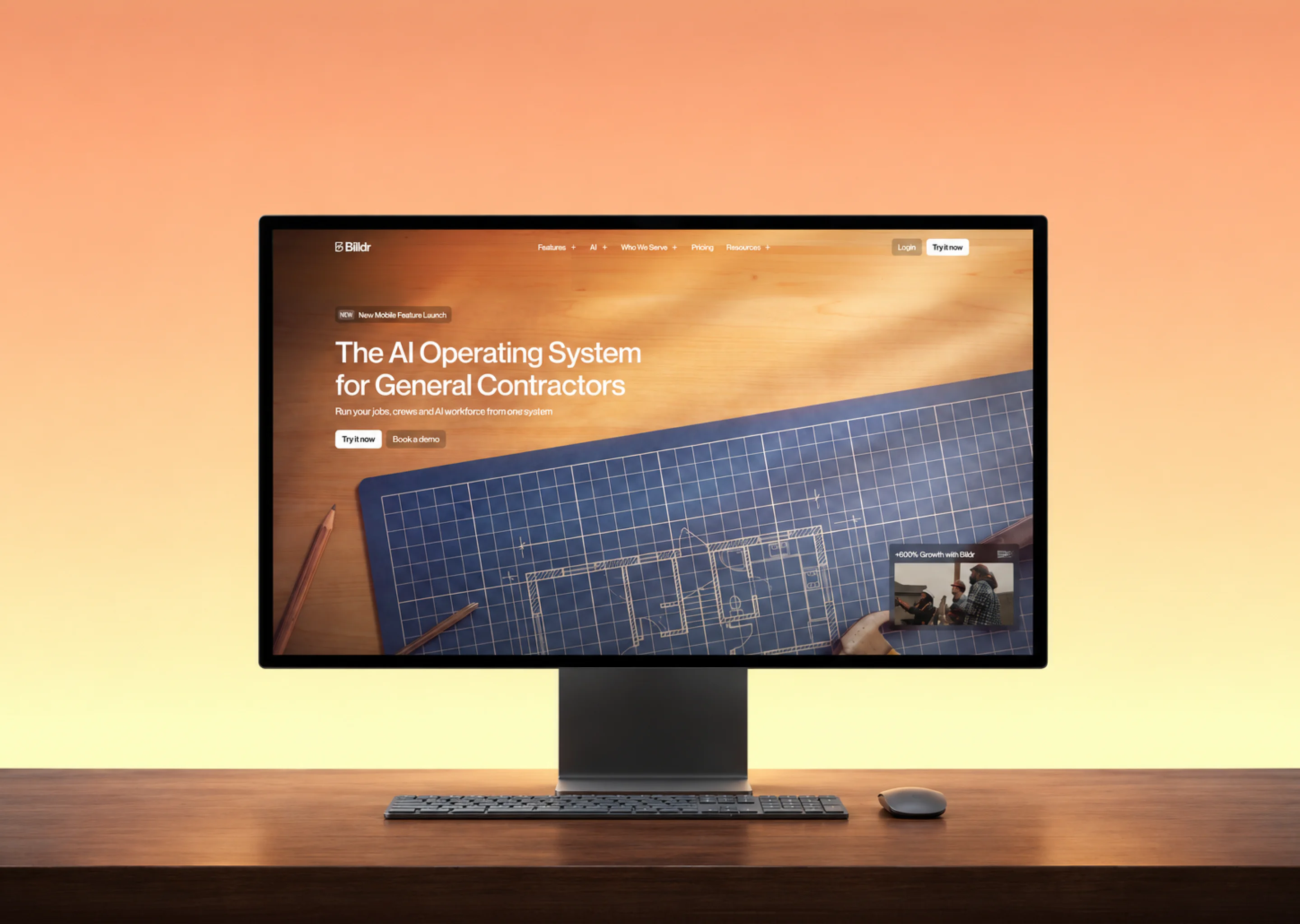 Billdr website designed and built by Bricx, with the headline 'The AI Operating System for General Contractors' on a desktop monitor