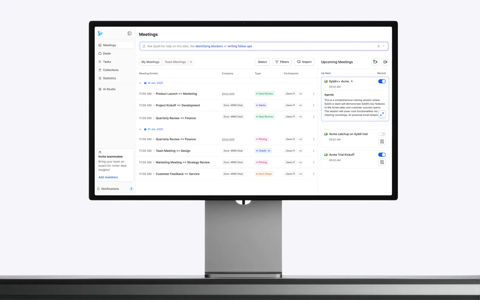 Sybill's AI sales assistant product, designed by Bricx, showing the Meetings view on a desktop monitor
