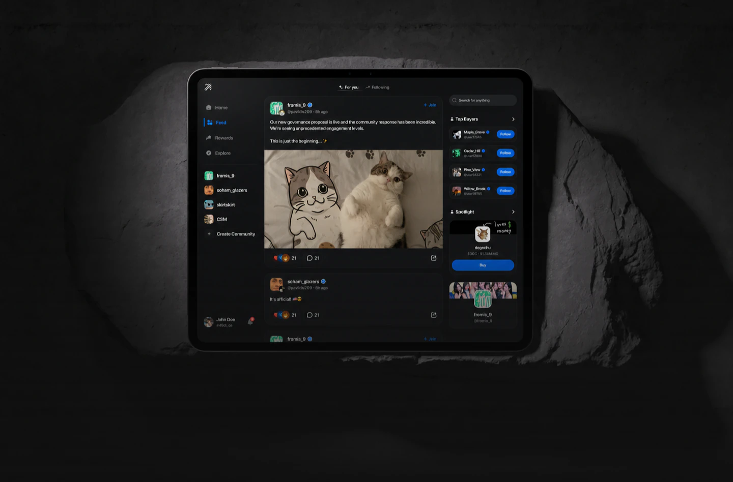 The Thrust tablet experience shown on an iPad resting on a dark stone surface