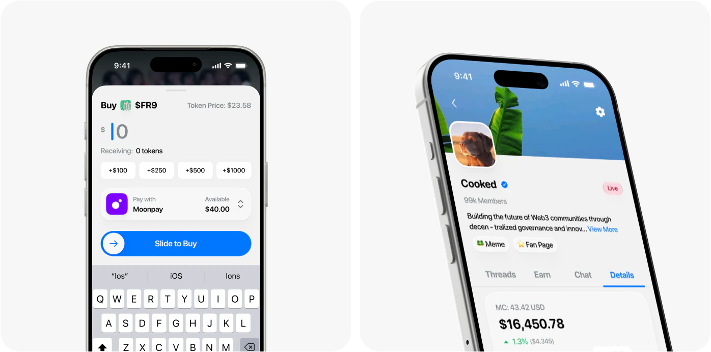 Two iPhones showing the Thrust buy flow and a community detail screen